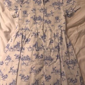 Blue Toile Garden Print Button-Front Cotton Dress
